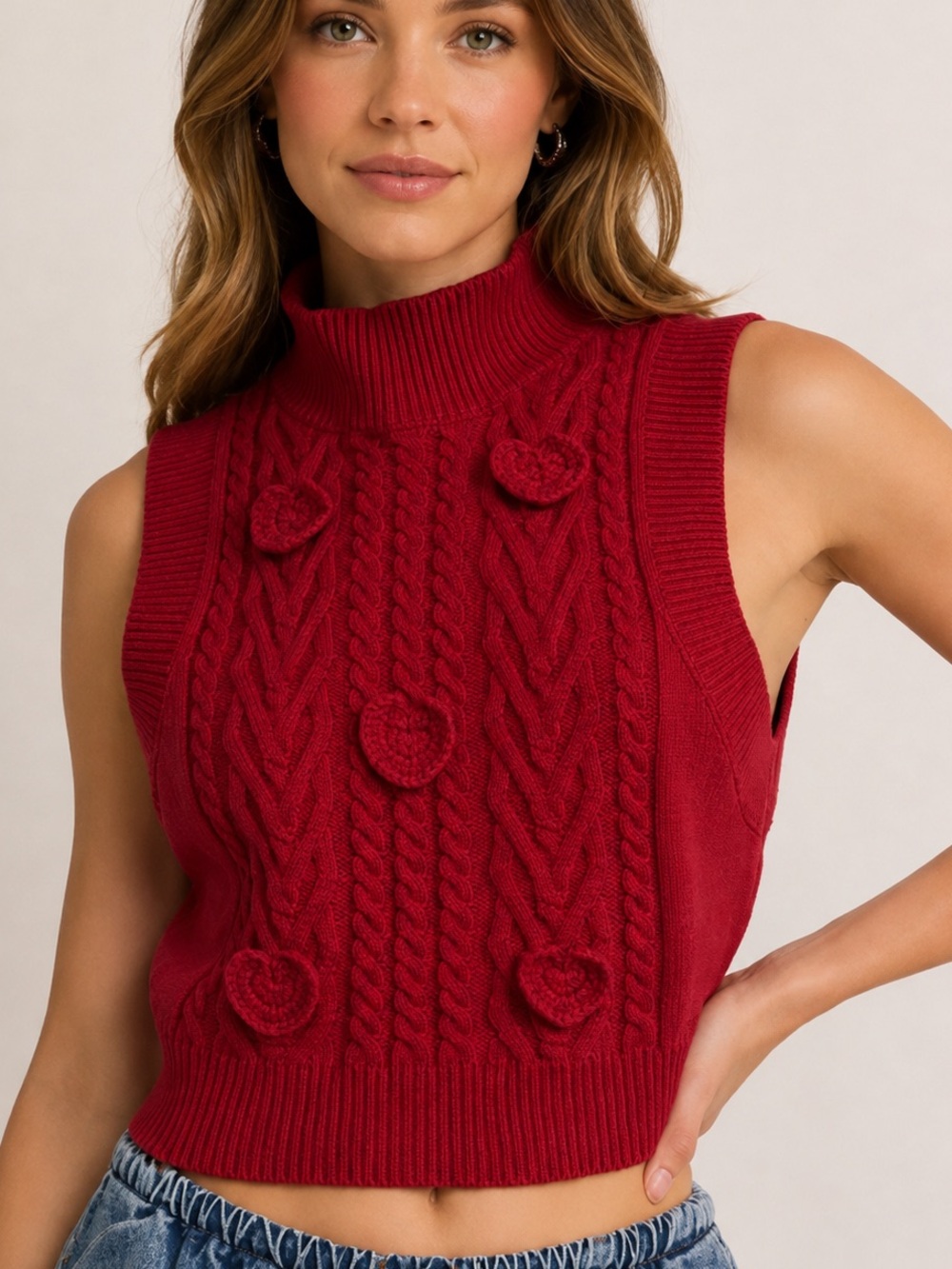 Le Lis Red Cable Knit Heart Sweater Vest Mock Neck Small
